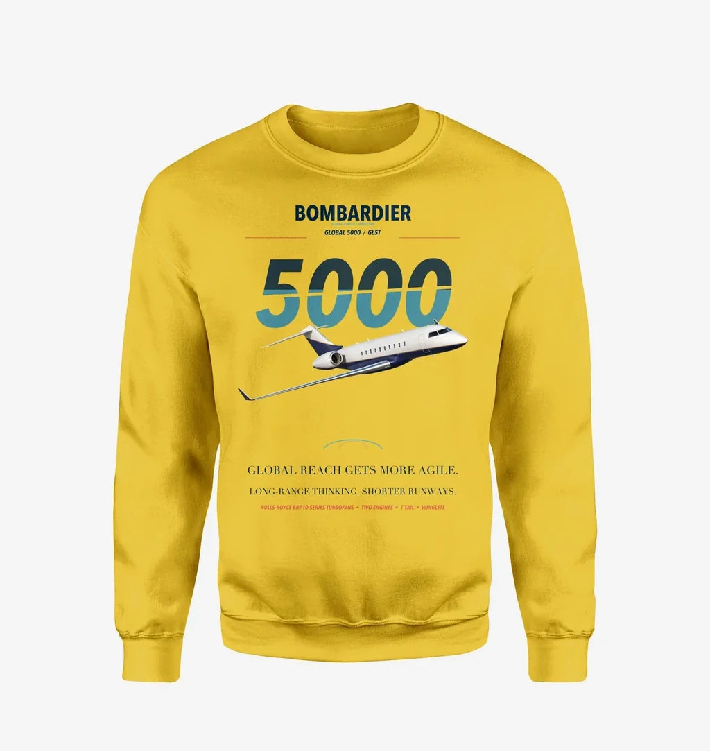 Bombardier Global 5000 design on yellow sweatshirt