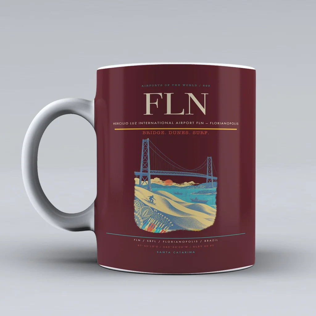 Hercilio Luz International Airport (FLN) airport code design on dark red ceramic mug