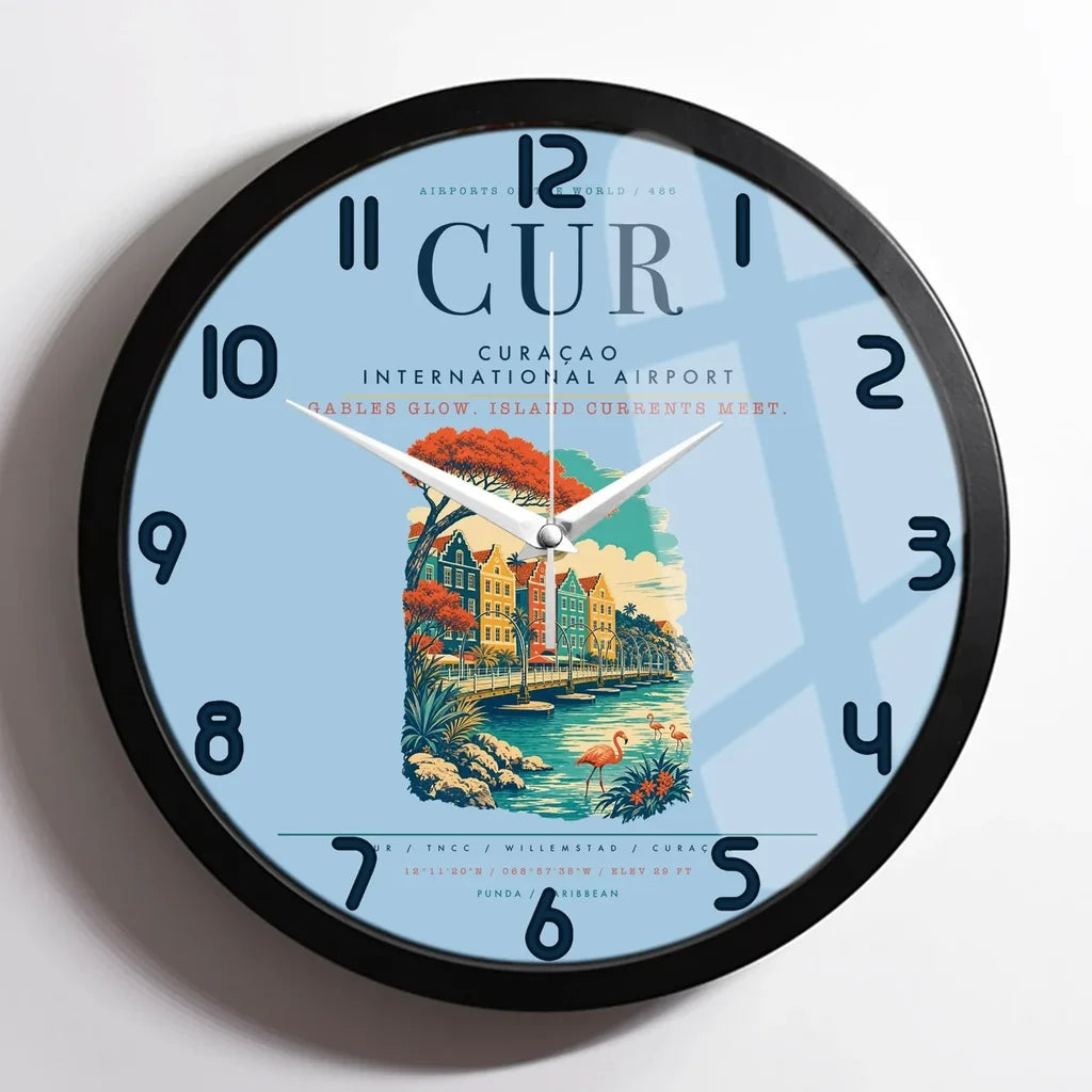 Curaçao International Airport (CUR) design on light blue framed wall clock