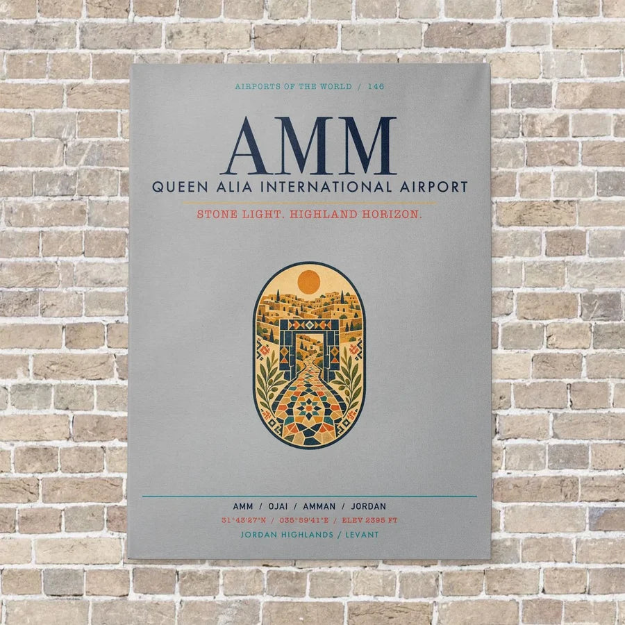 Queen Alia International Airport AMM vertical canvas print - no frame - light gray background