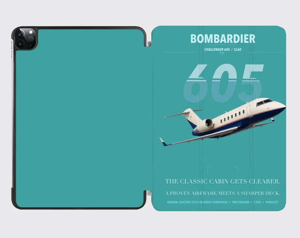 Bombardier Challenger 605 design on turquoise ipad tablet case