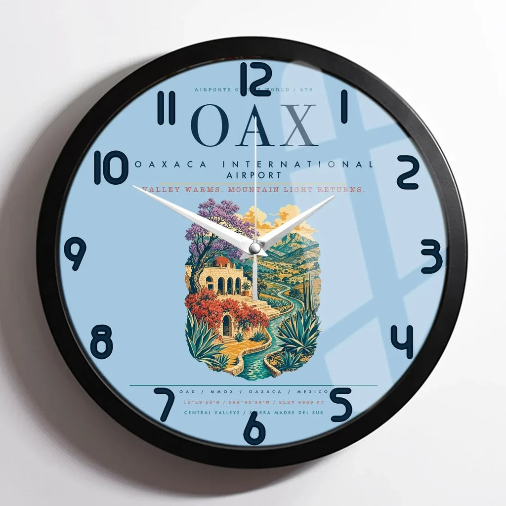 Oaxaca International Airport (OAX) design on light blue framed wall clock