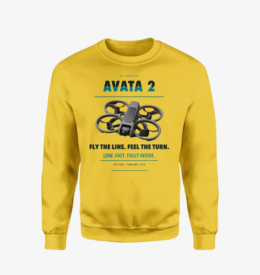 DJI Avata 2 design on yellow sweatshirt