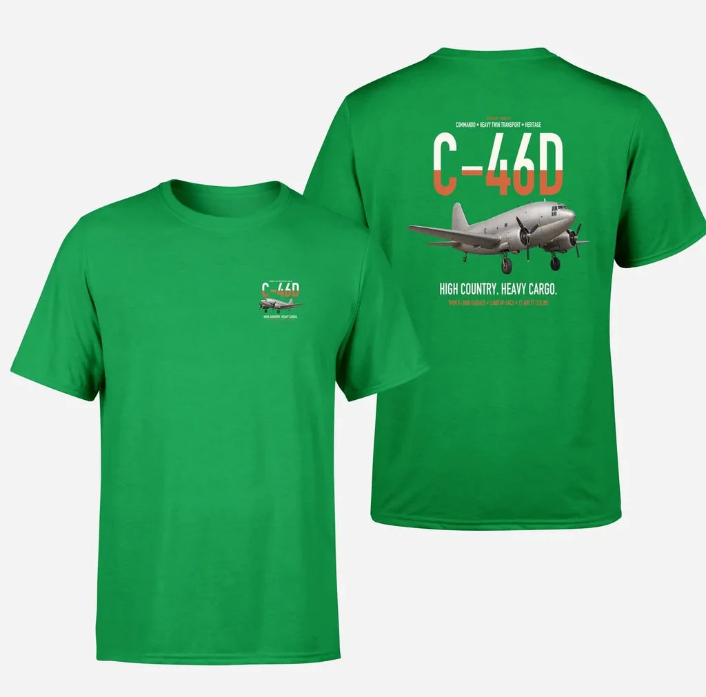 C-46D Commando design on green double-side t-shirt, double-side print