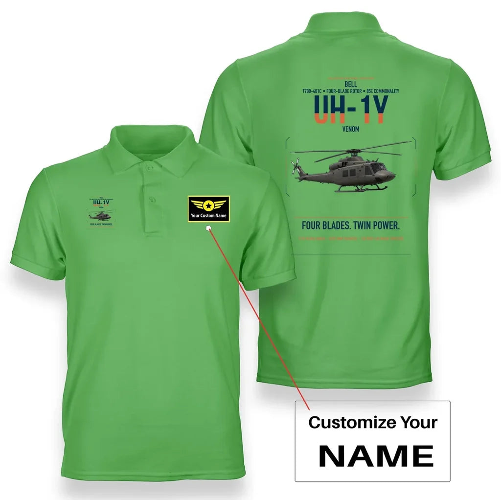 Bell UH-1Y Venom design on light green+name double-side polo t-shirt, double-side print