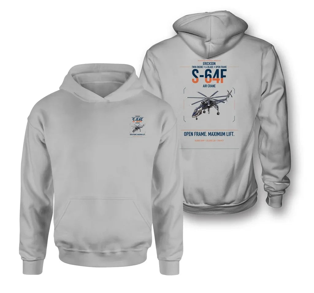 Erickson S-64F Air Crane design on light gray double-side hoodie, double-side print