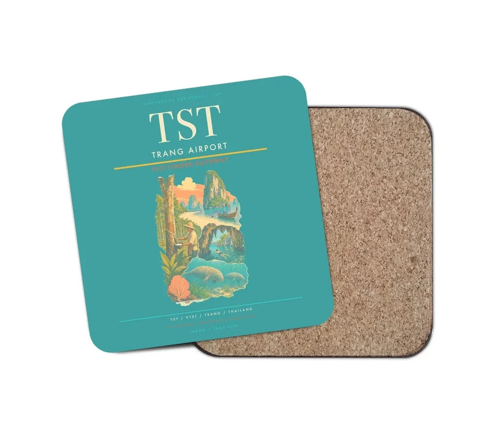 Trang Airport (TST) design on turquoise 1 piece coaster