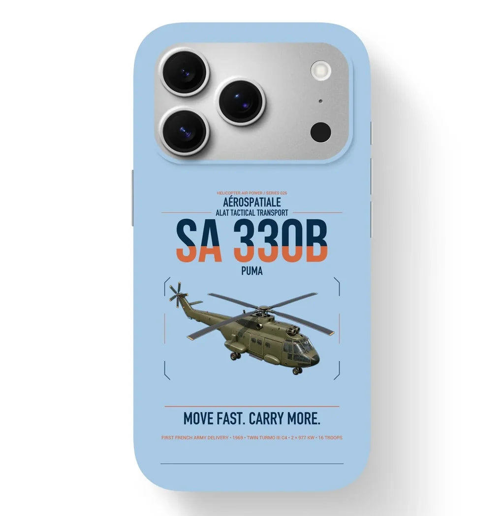Aérospatiale SA 330B Puma design on light blue magsafe iphone case, for iPhone 17 Pro
