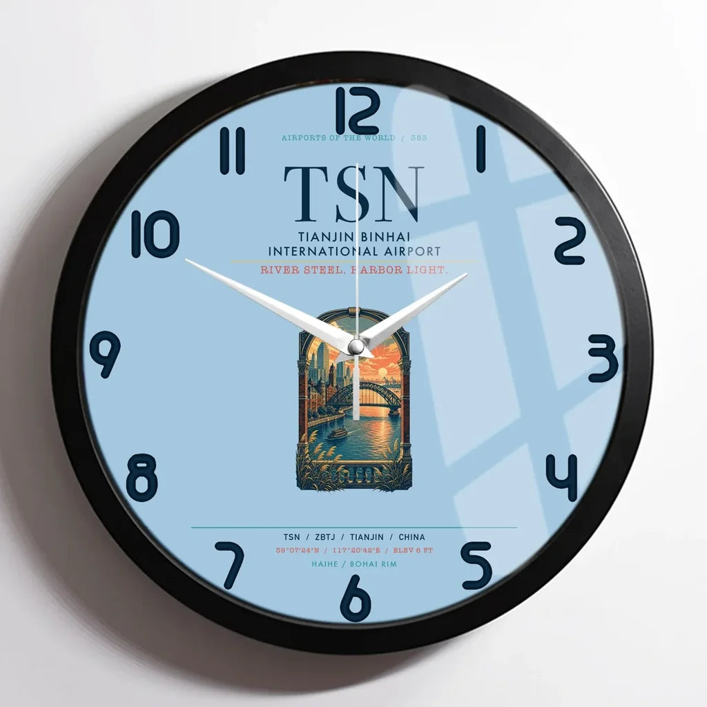 Tianjin Binhai International Airport (TSN) design on light blue framed wall clock