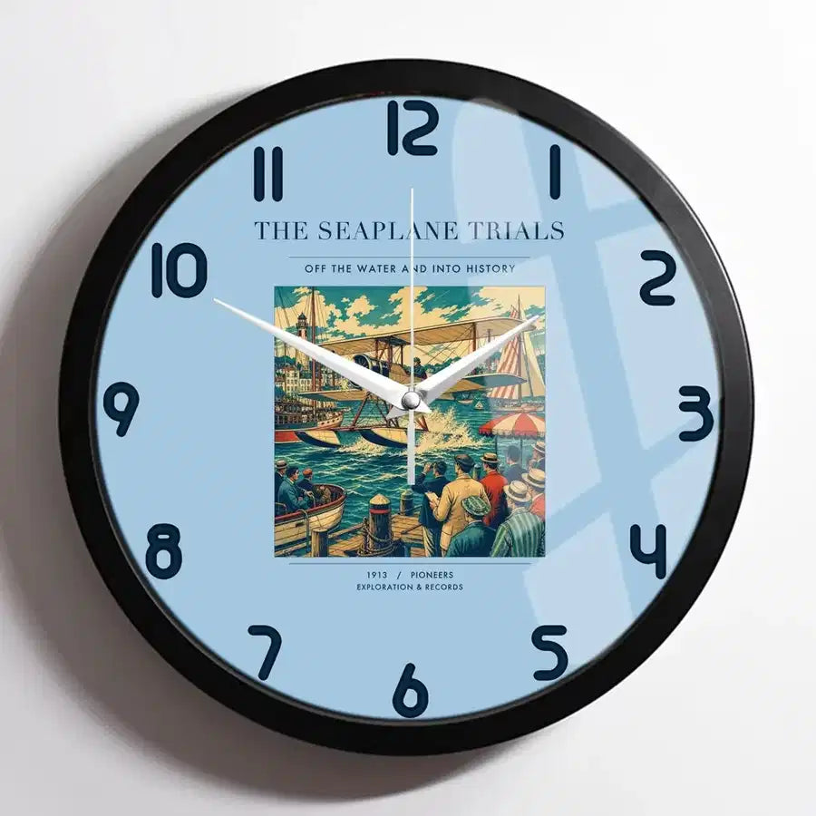 VINTAGE G4005 - The Seaplane Trials - Designed Wall Clocks design on lightblue framed