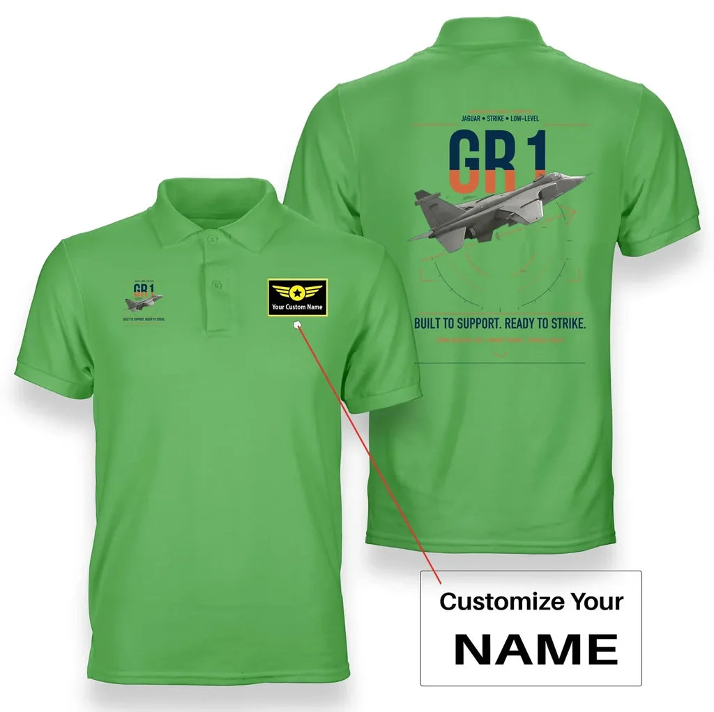 SEPECAT Jaguar GR1 design on light green+name double-side polo t-shirt, double-side print