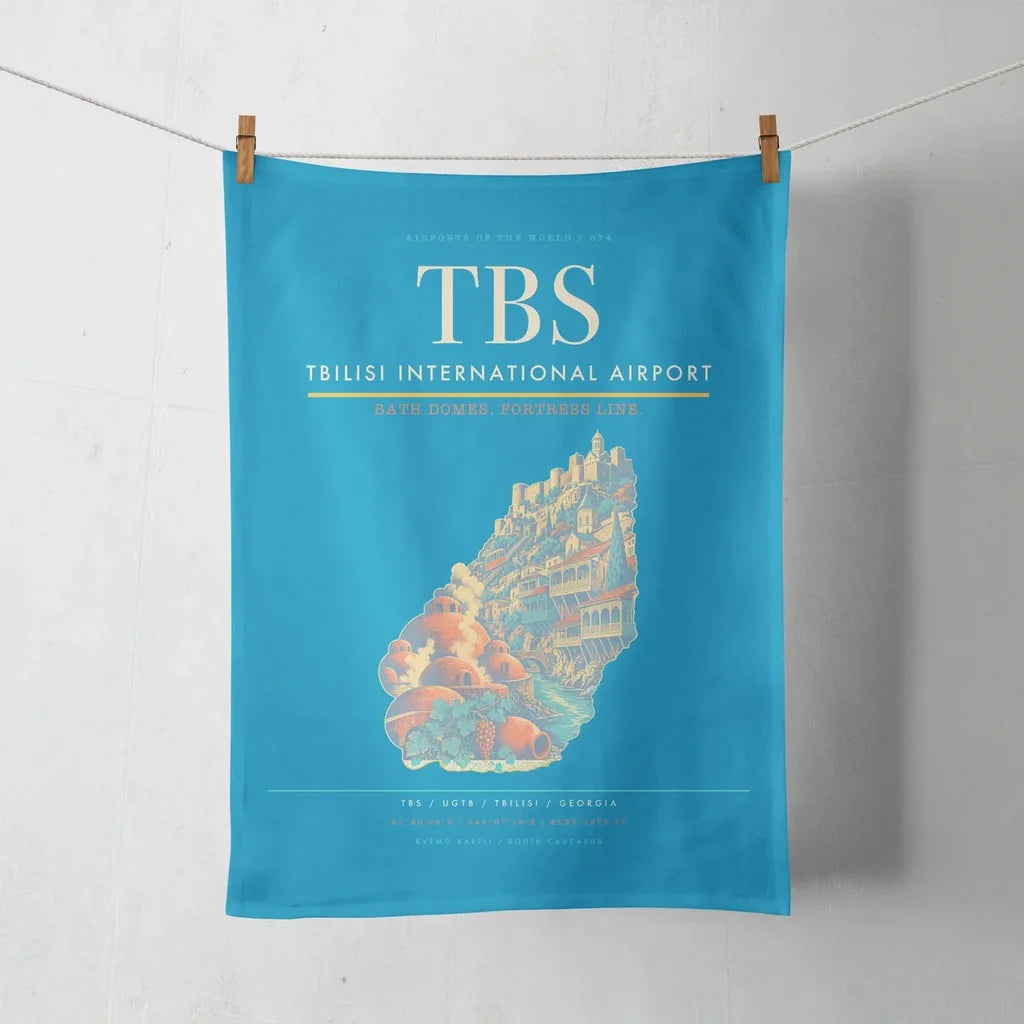 Tbilisi International Airport (TBS) design on turquoise towel