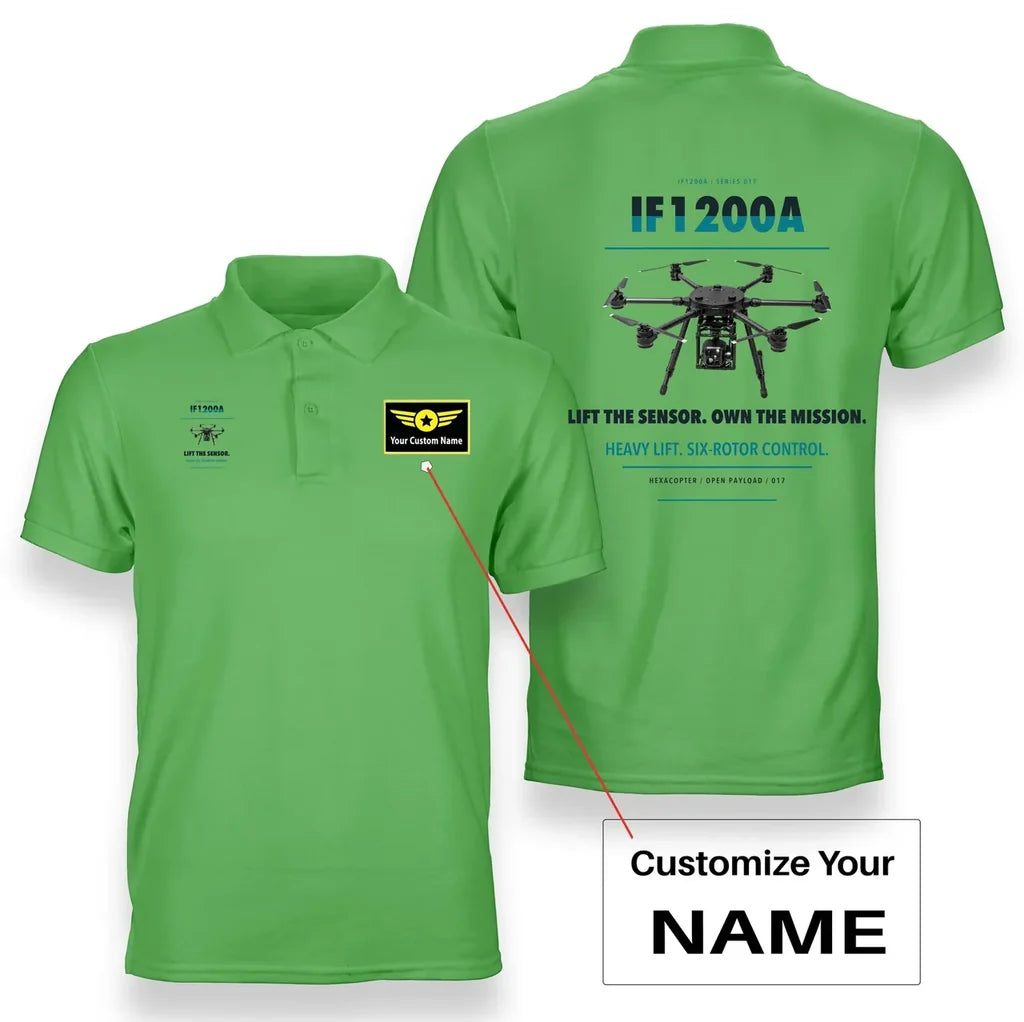 Inspired Flight IF1200A design on light green polo with custom name badge