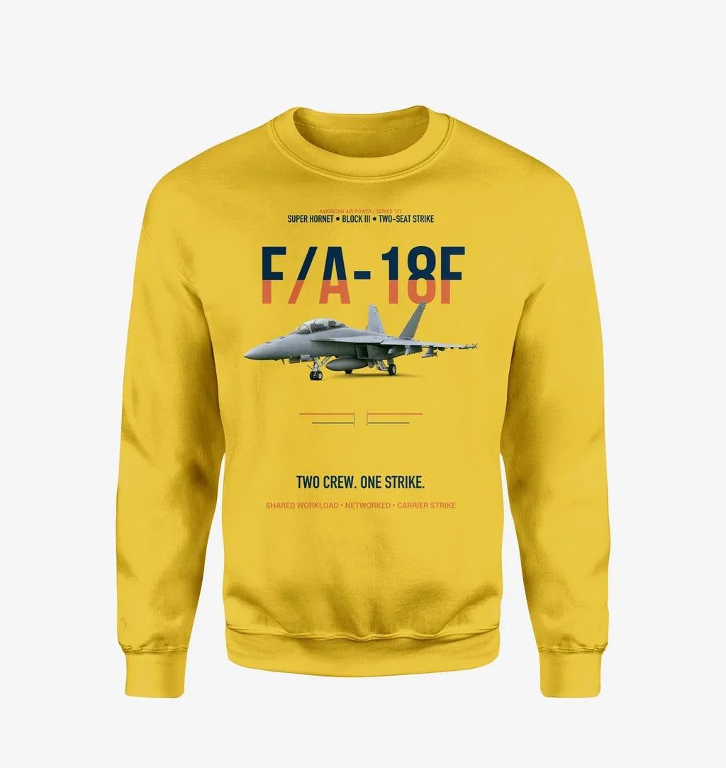 F-A-18F Super Hornet Block III Two Crew One Strike design on yellow sweatshirt