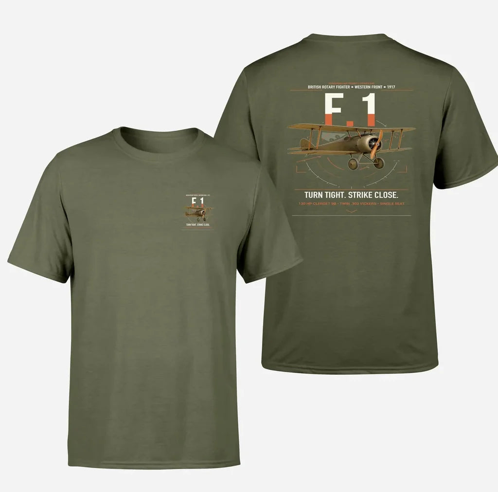 Sopwith Camel F.1 design on green army t-shirt, double-side print