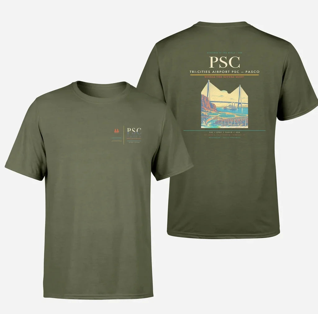 Tri-Cities Airport (PSC) design printed on green army double-side t-shirt