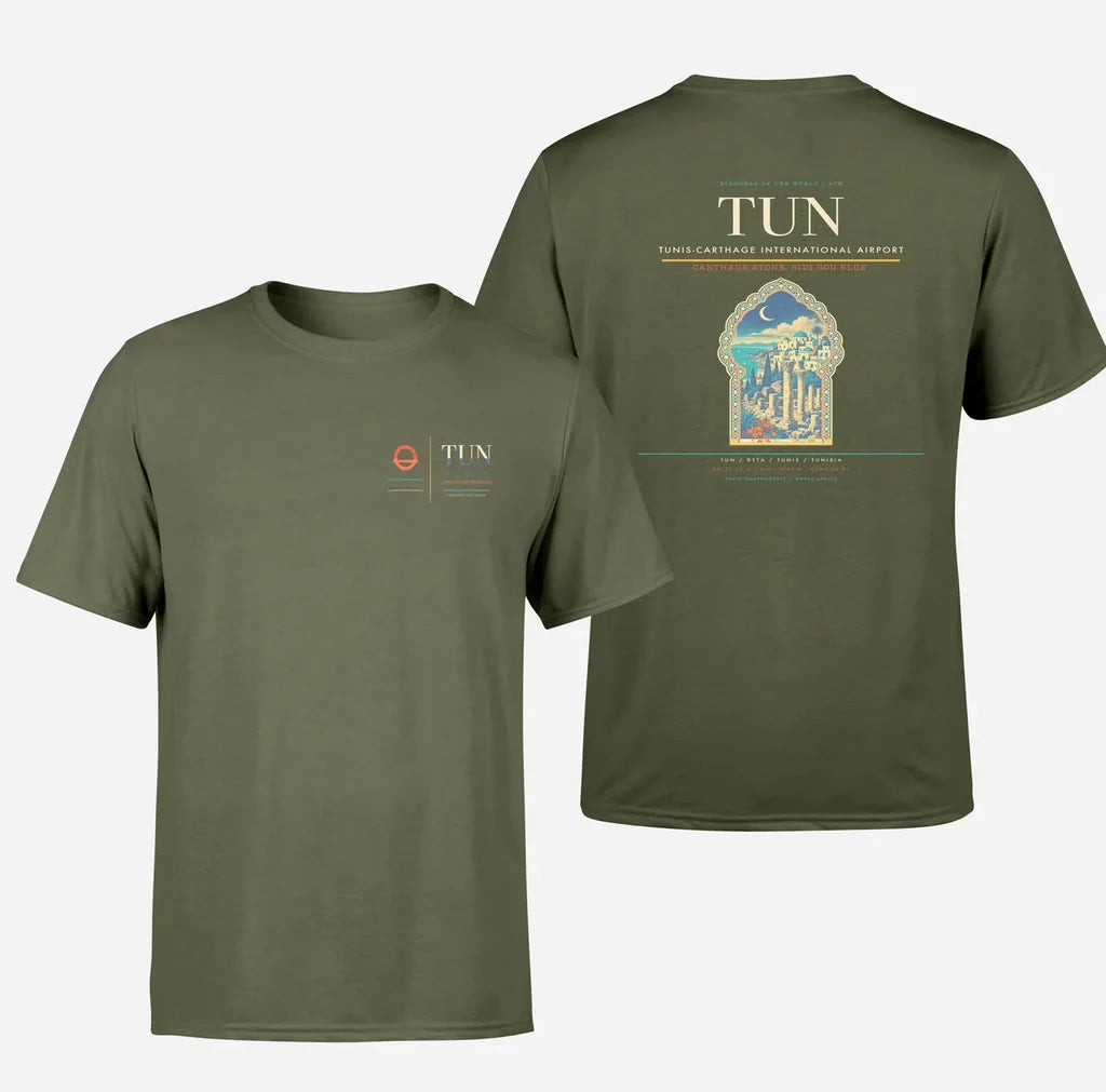 Tunis-Carthage International Airport (TUN) design printed on green army double-side t-shirt