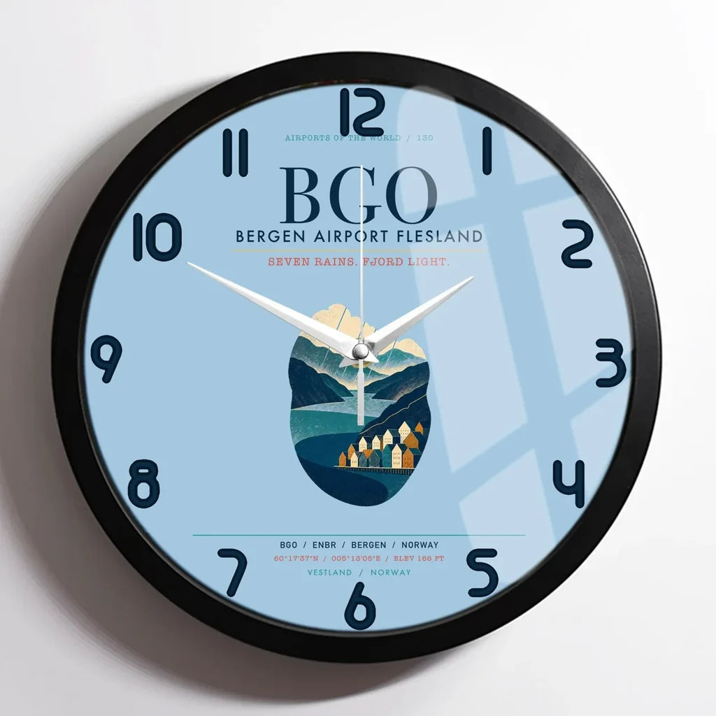 Bergen Airport Flesland (BGO) design on light blue framed wall clock