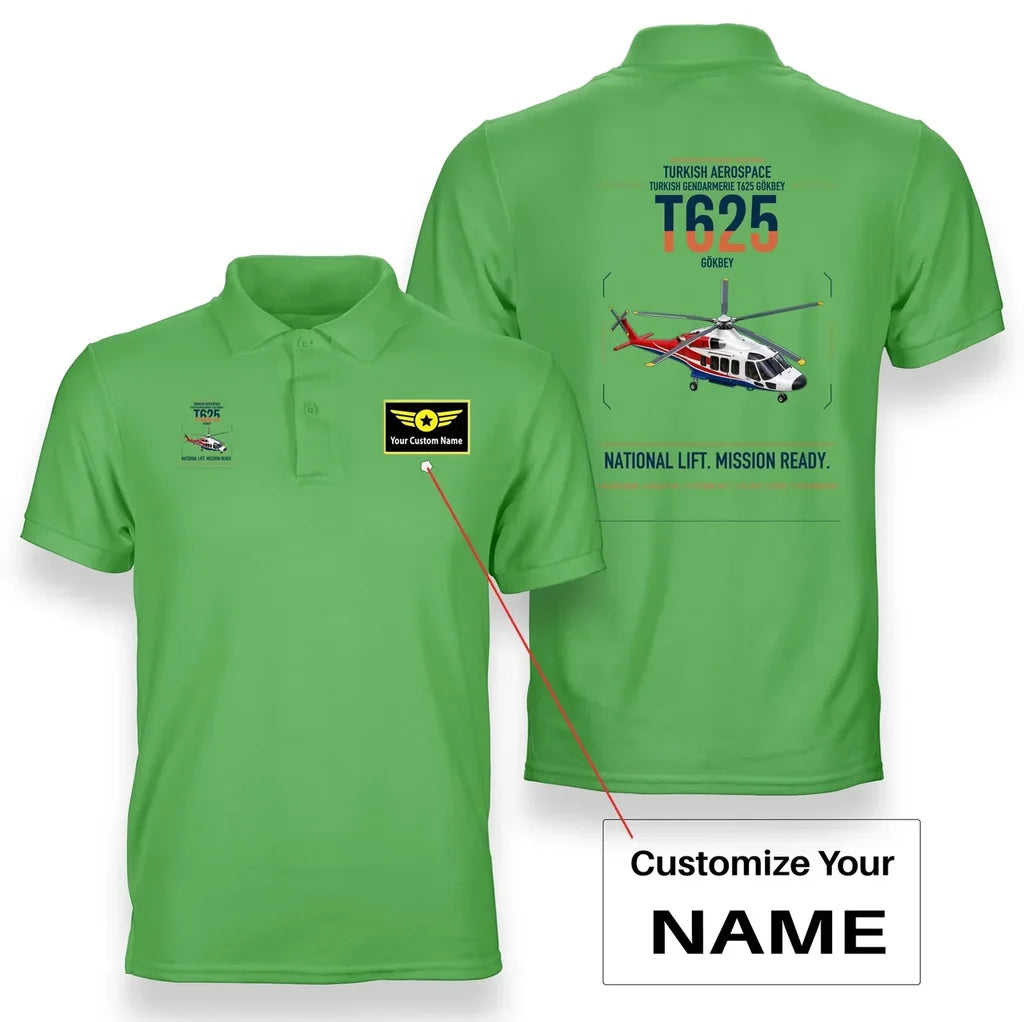 Turkish Aerospace T625 Gökbey design on light green+name double-side polo t-shirt, double-side print