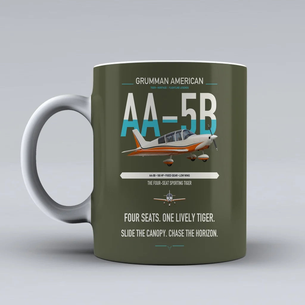 Grumman American AA-5B Tiger design on green army ceramic mug, double-side print