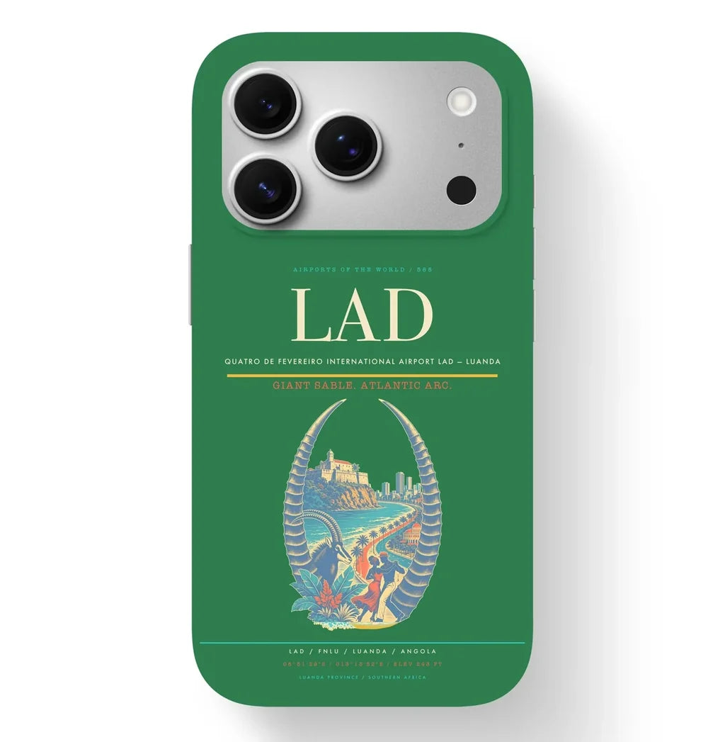 Luanda Airport (LAD) design on green iPhone 17 Pro MagSafe case