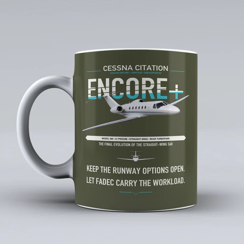 Cessna Citation Encore+ design on green army ceramic mug, double-side print