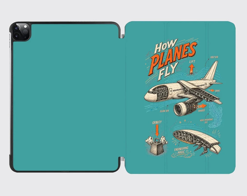 How Planes Fly V2 design on turquoise ipad tablet case