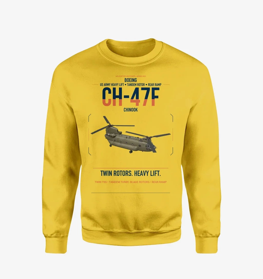 Boeing CH-47F Chinook design on yellow sweatshirt