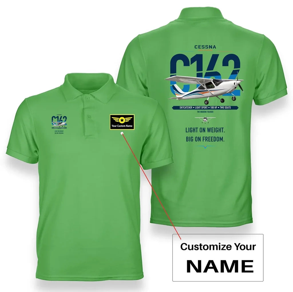 Cessna 162 Skycatcher design on light green+name double-side polo t-shirt, double-side print