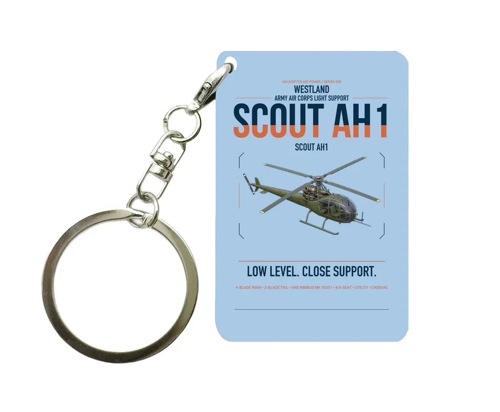 Westland Scout AH1 design on light blue designed key chain, double-side print