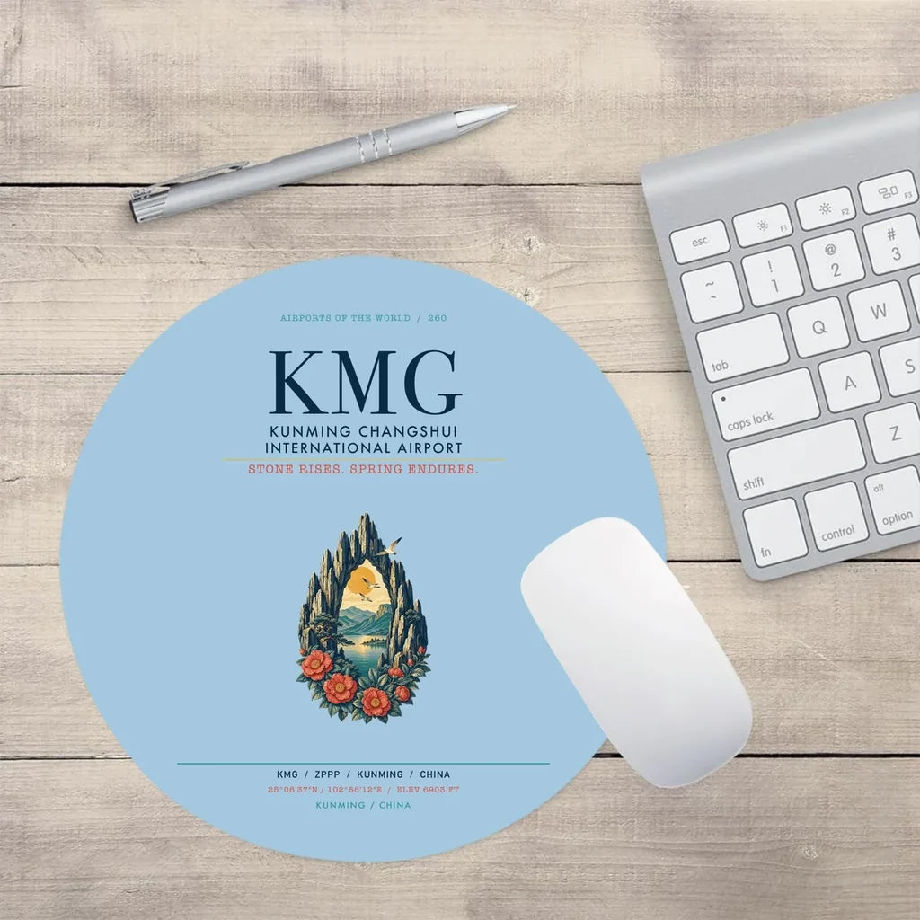 Kunming Changshui International Airport (KMG) design on light blue round mouse pad