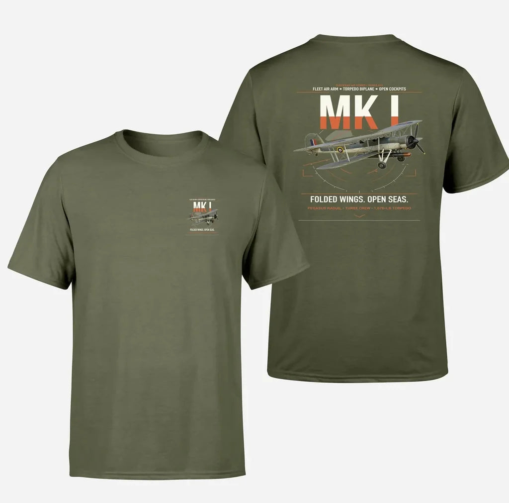Fairey Swordfish Mk I design on green army t-shirt, double-side print