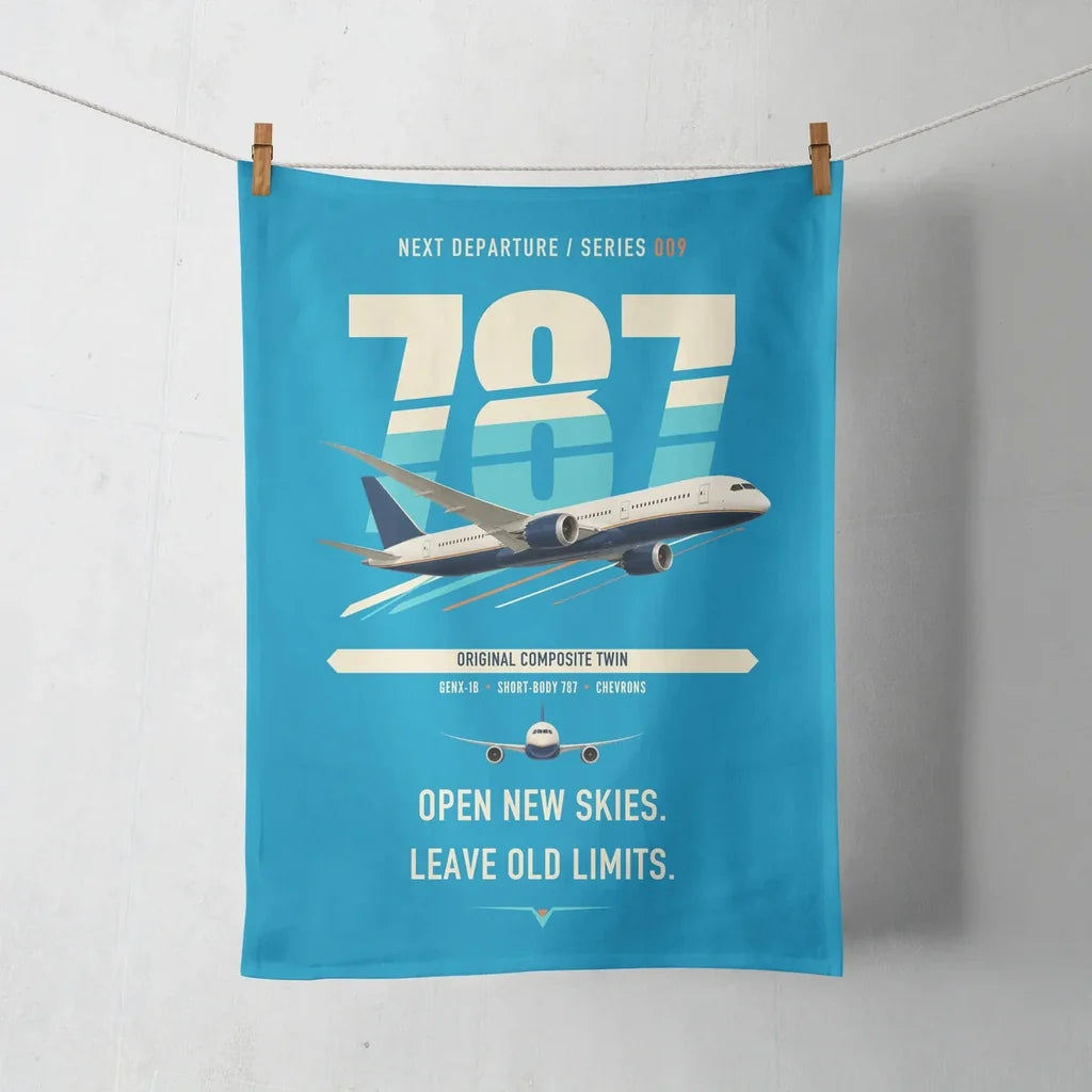 Boeing 787-8 Dreamliner design on turquoise towel