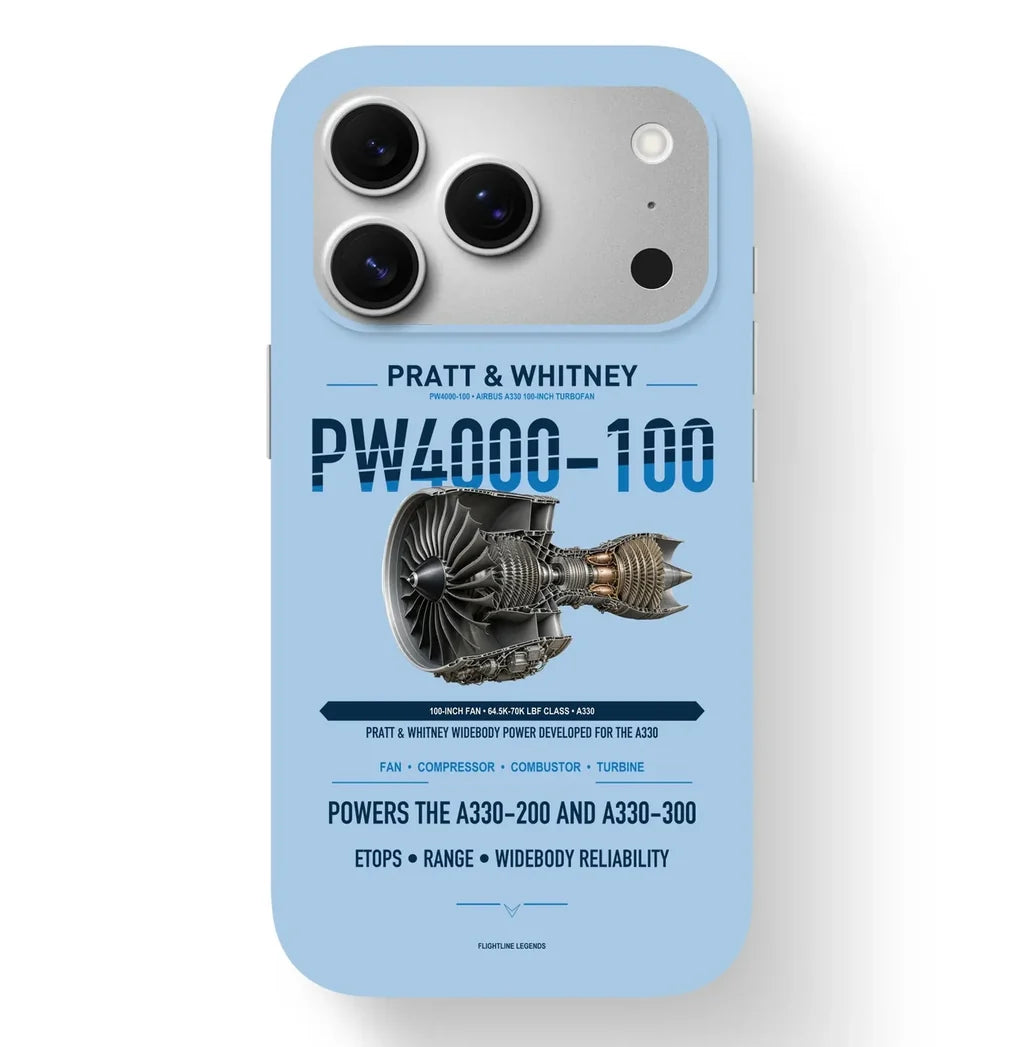 PW4000-100 Case design on light blue iphone case