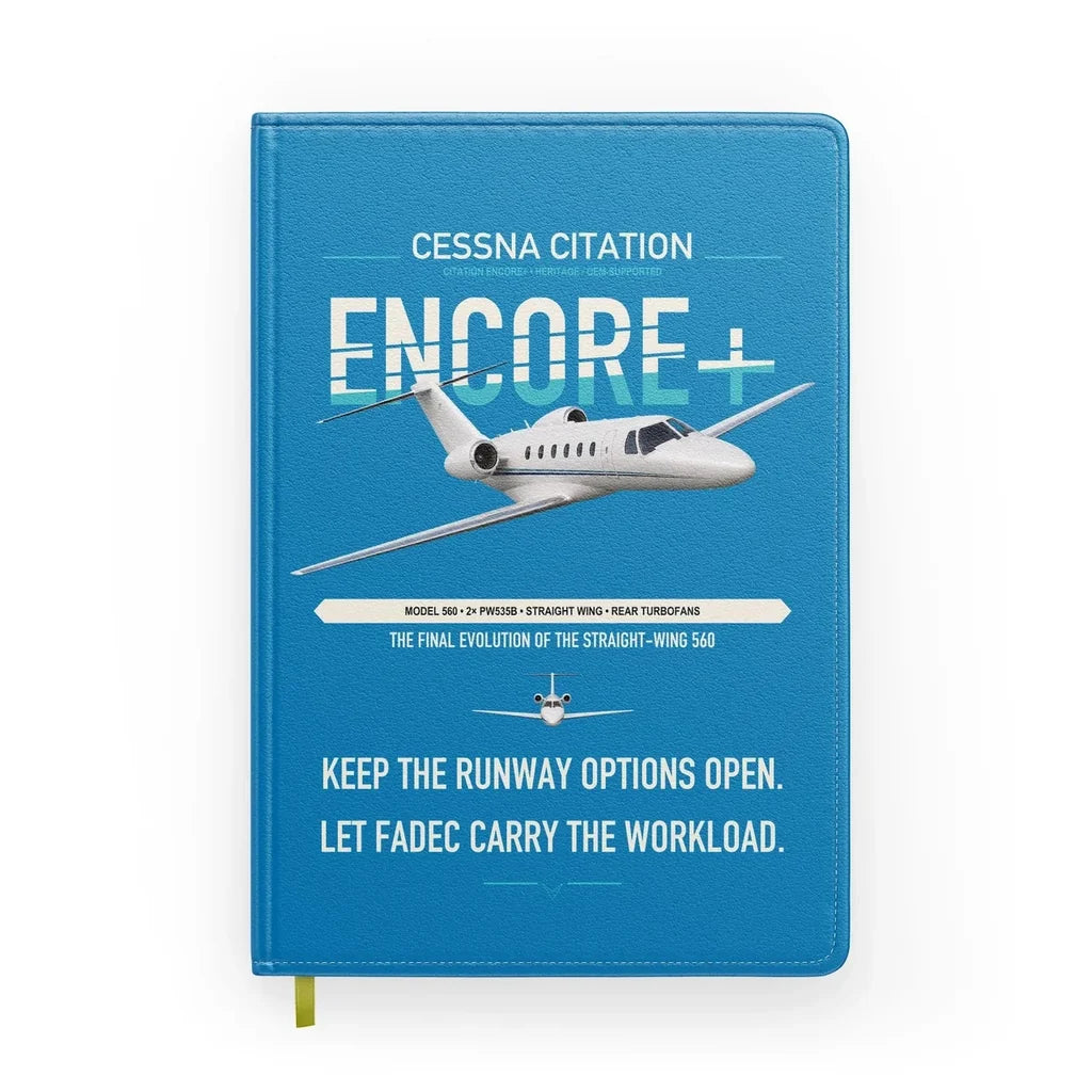 Cessna Citation Encore+ design on turquoise notebook