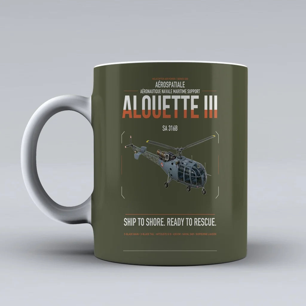 Aérospatiale SA 316B Alouette III design on green army ceramic mug, double-side print