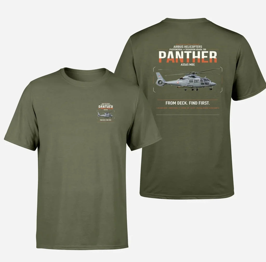 Airbus Helicopters AS565 MBe Panther design on green army t-shirt, double-side print
