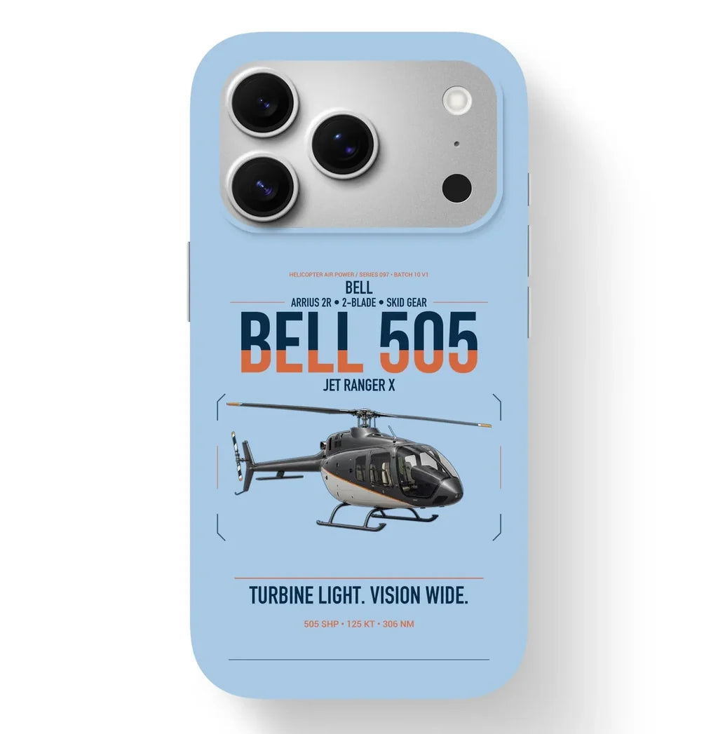Bell 505 Jet Ranger X design on light blue magsafe iphone case, for iPhone 17 Pro