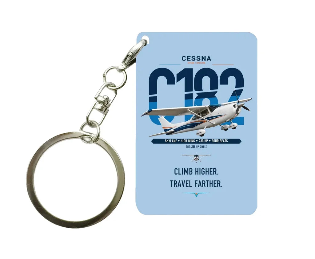 Cessna 182 Skylane design on light blue designed key chain, double-side print