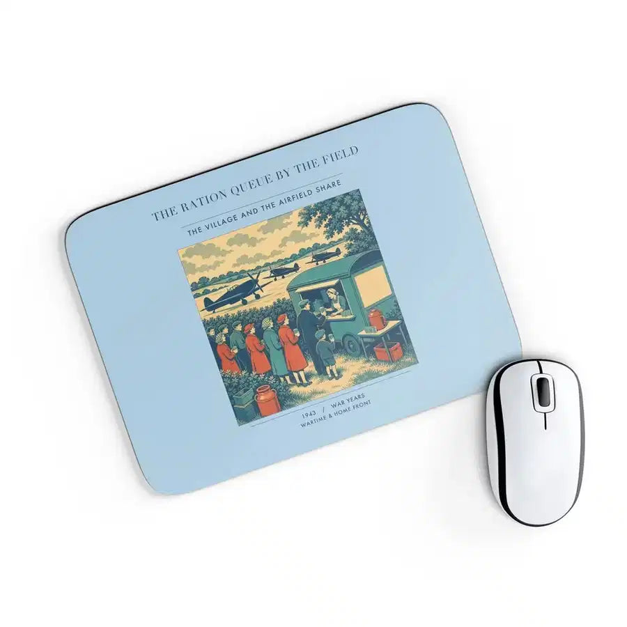 VINTAGE G4522 - The Ration Queue By The Field - Designed Mouse Pads design on lightblue rectangle