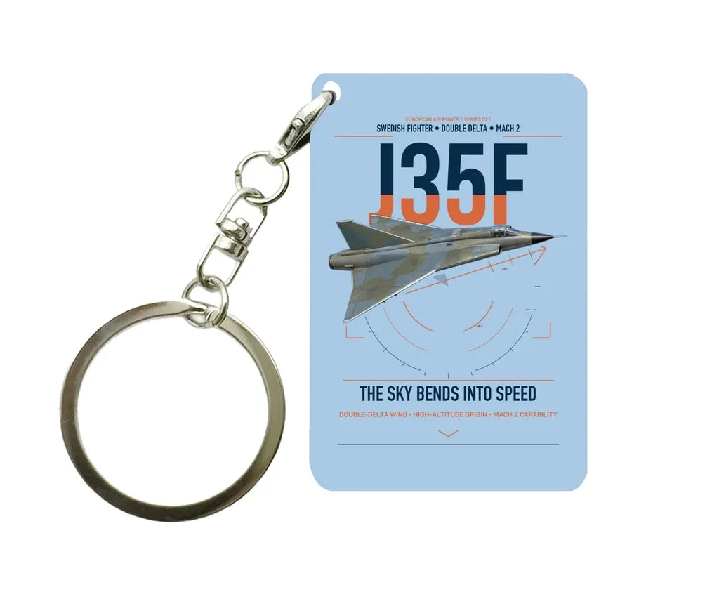 Saab J 35F Draken design on light blue designed key chain, double-side print