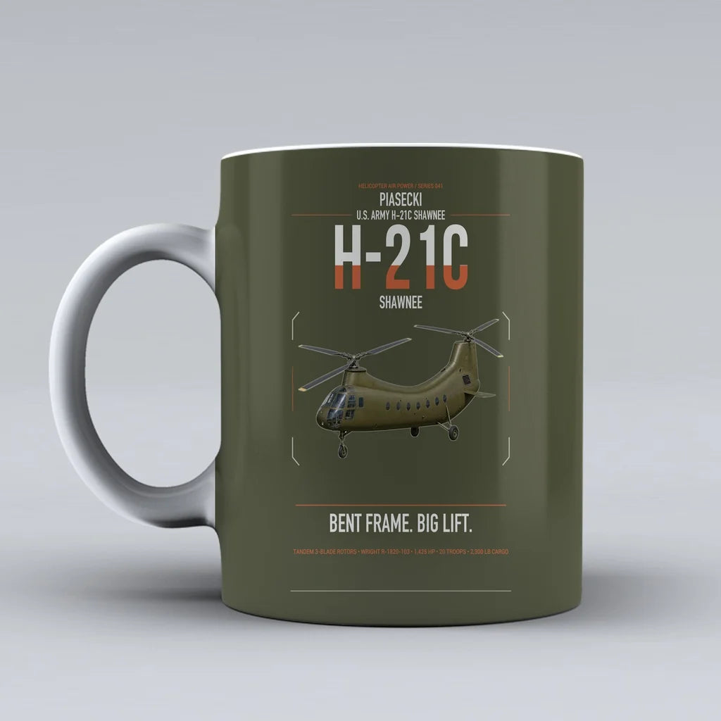 Piasecki H-21C Shawnee design on green army ceramic mug, double-side print