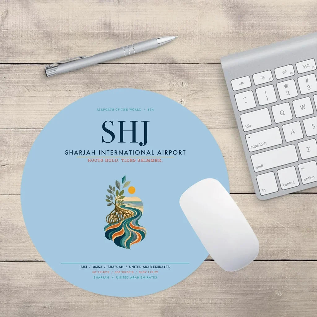 Sharjah International Airport (SHJ) design on light blue round mouse pad