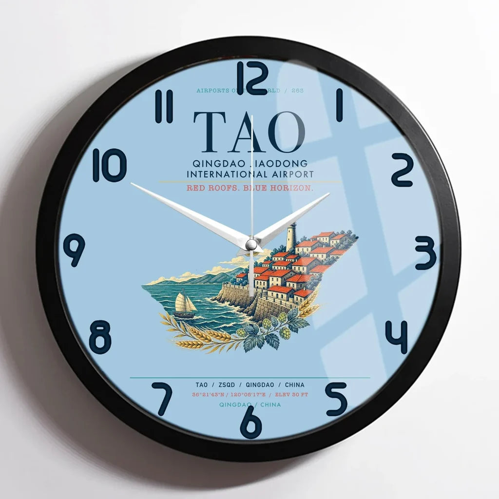 Qingdao Jiaodong International Airport (TAO) design on light blue framed wall clock