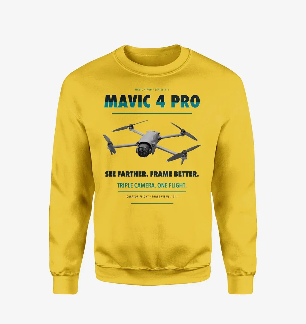 DJI Mavic 4 Pro design on yellow sweatshirt