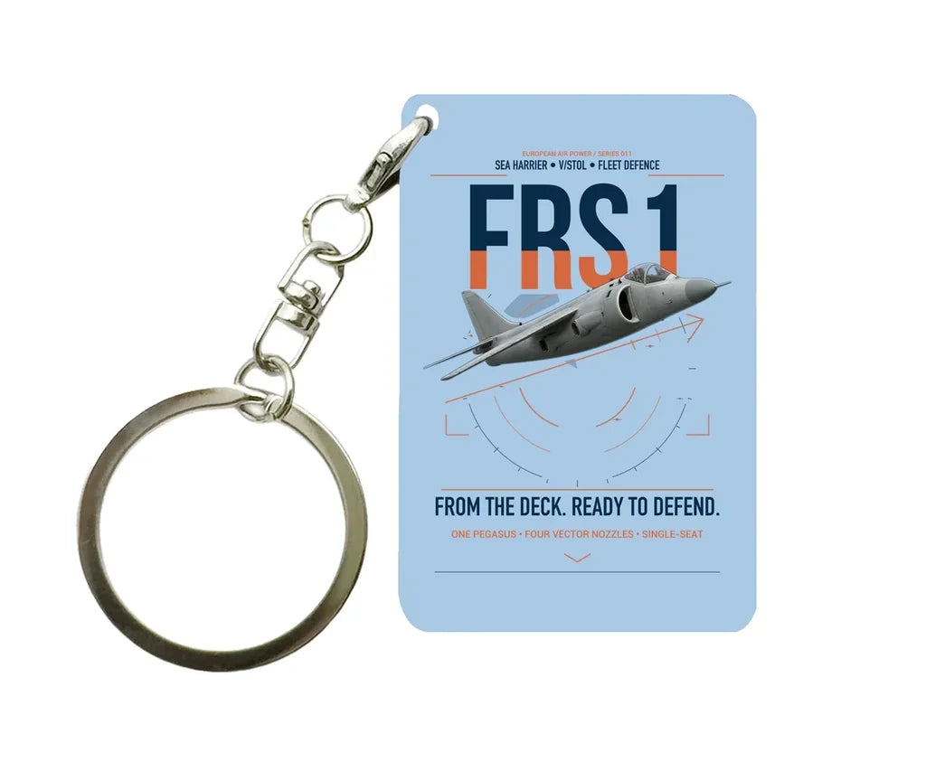 British Aerospace Sea Harrier FRS.1 design on light blue designed key chain, double-side print