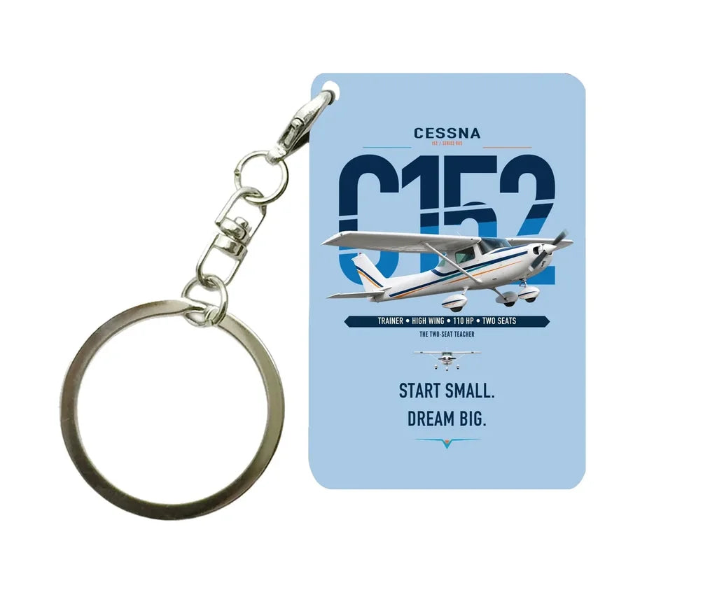 Cessna 152 design on light blue designed key chain, double-side print