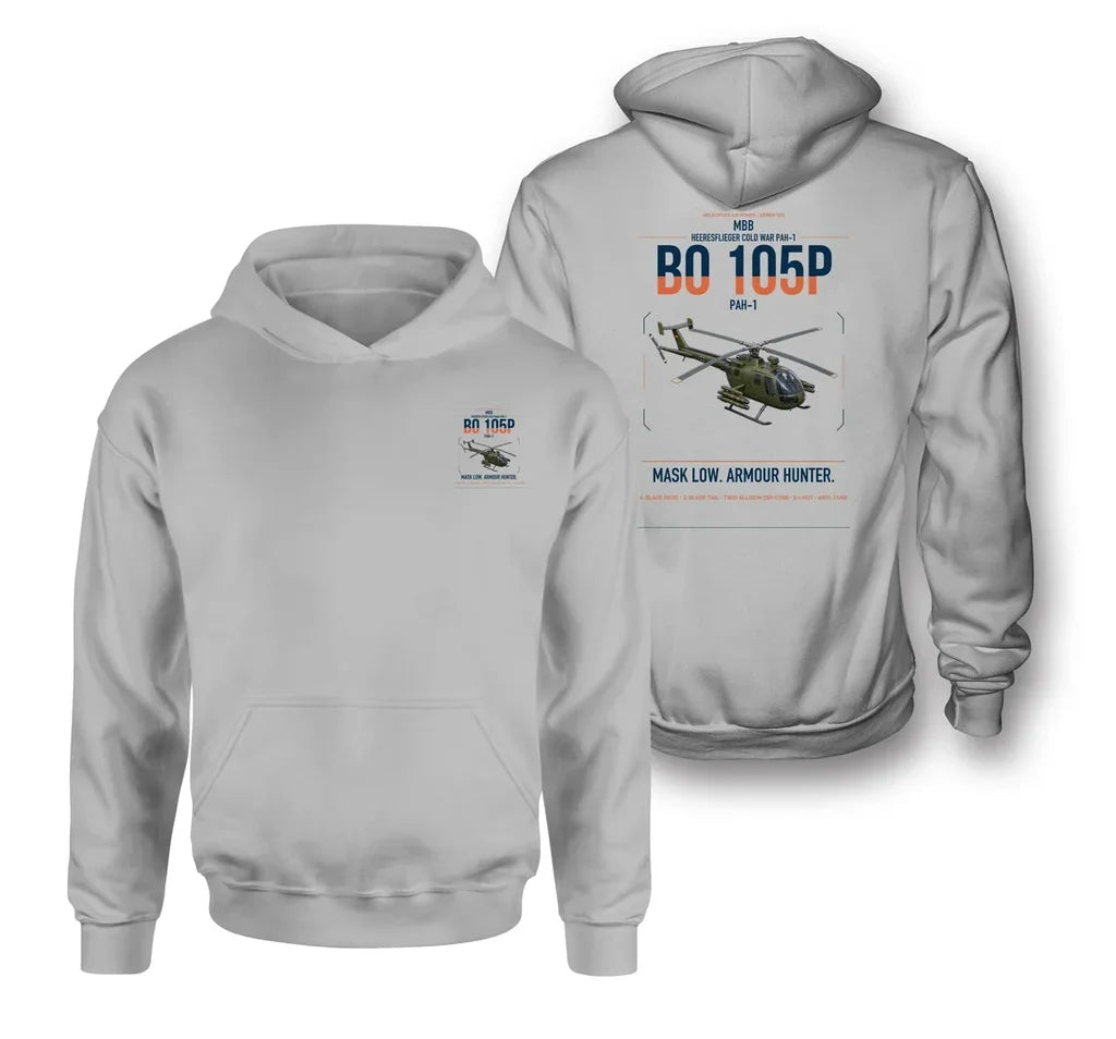 MBB BO 105P PAH-1 design on light gray double-side hoodie, double-side print