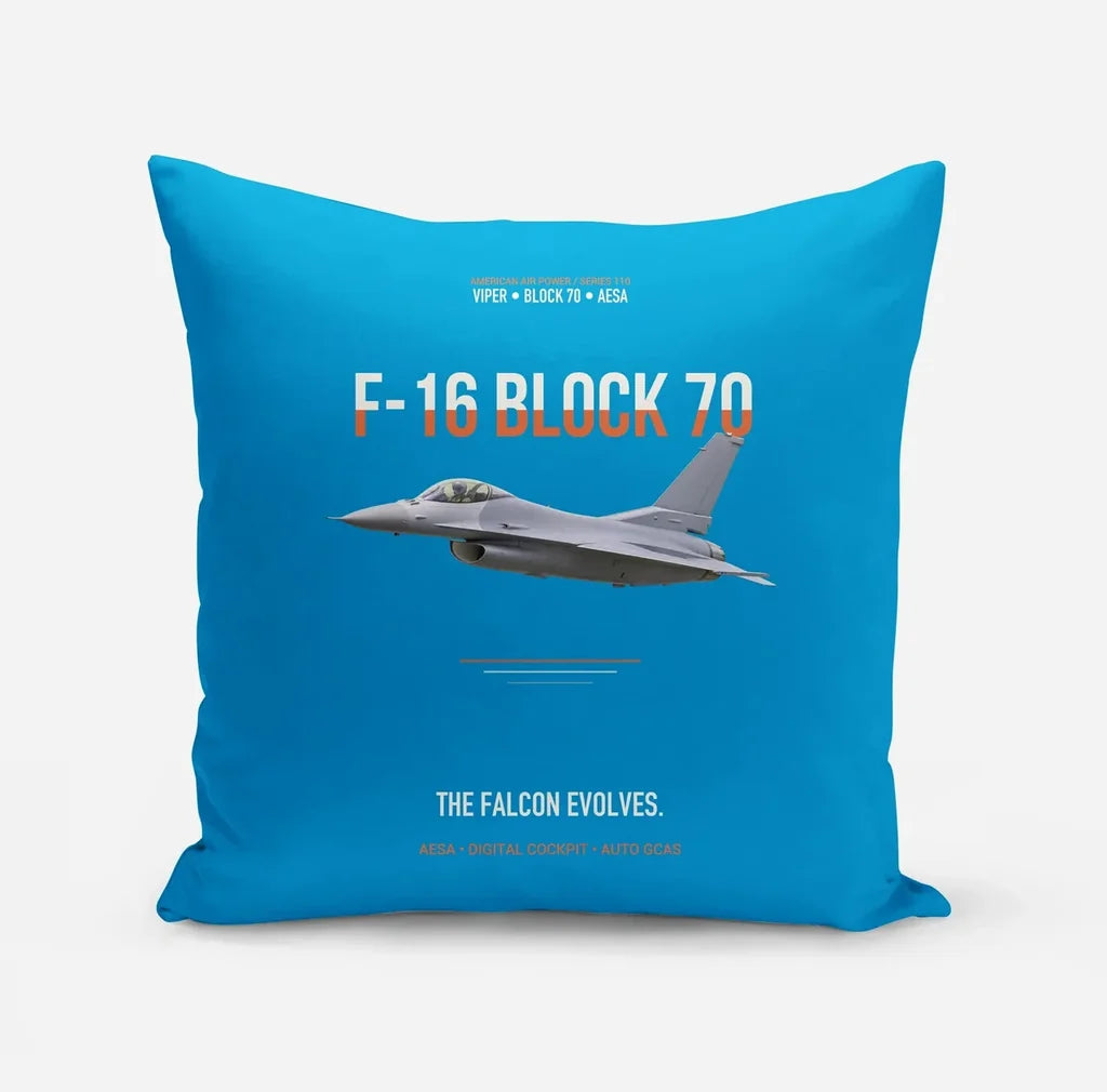 F-16 Block 70 The Falcon Evolves design on turquoise pillow