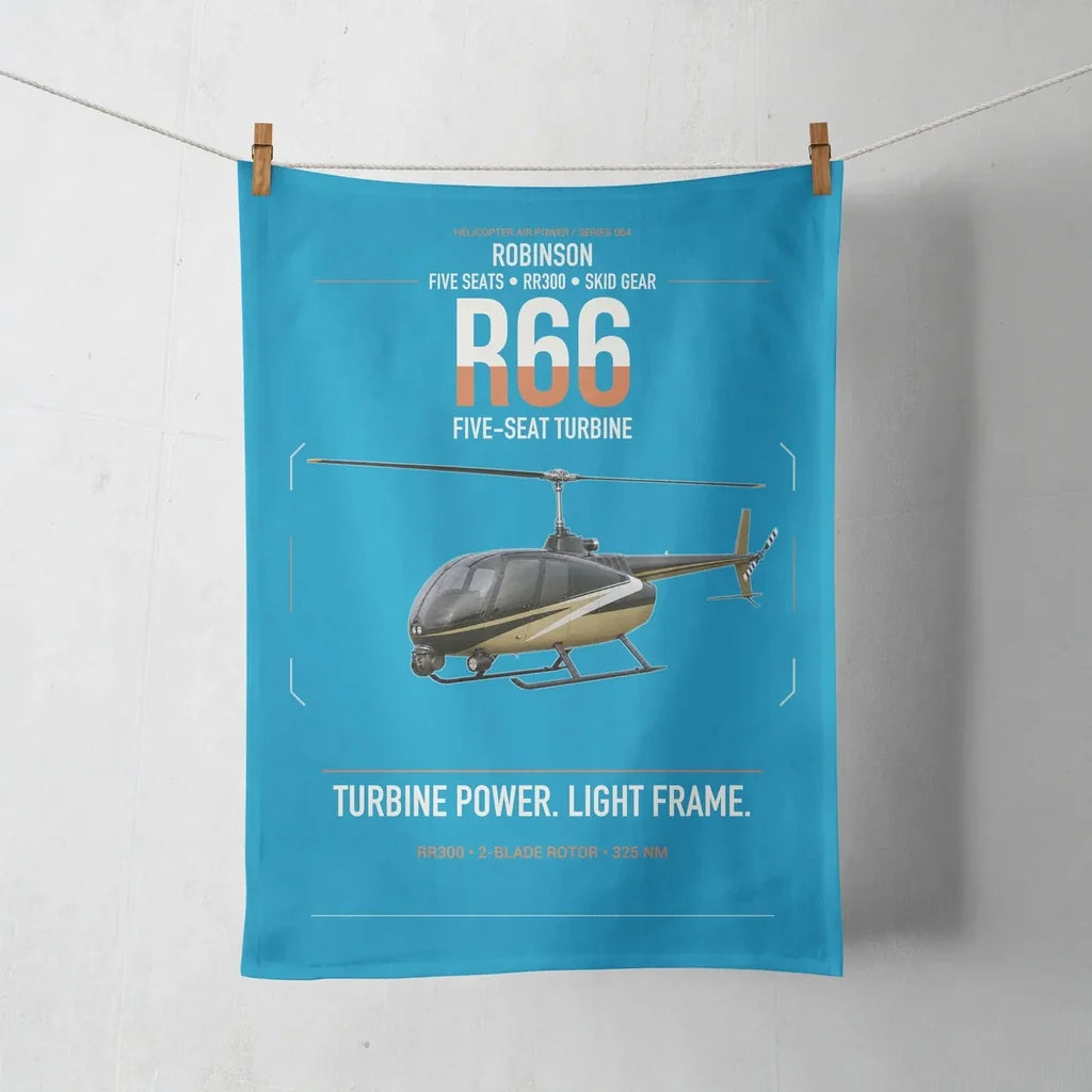 Robinson R66 design on turquoise towel